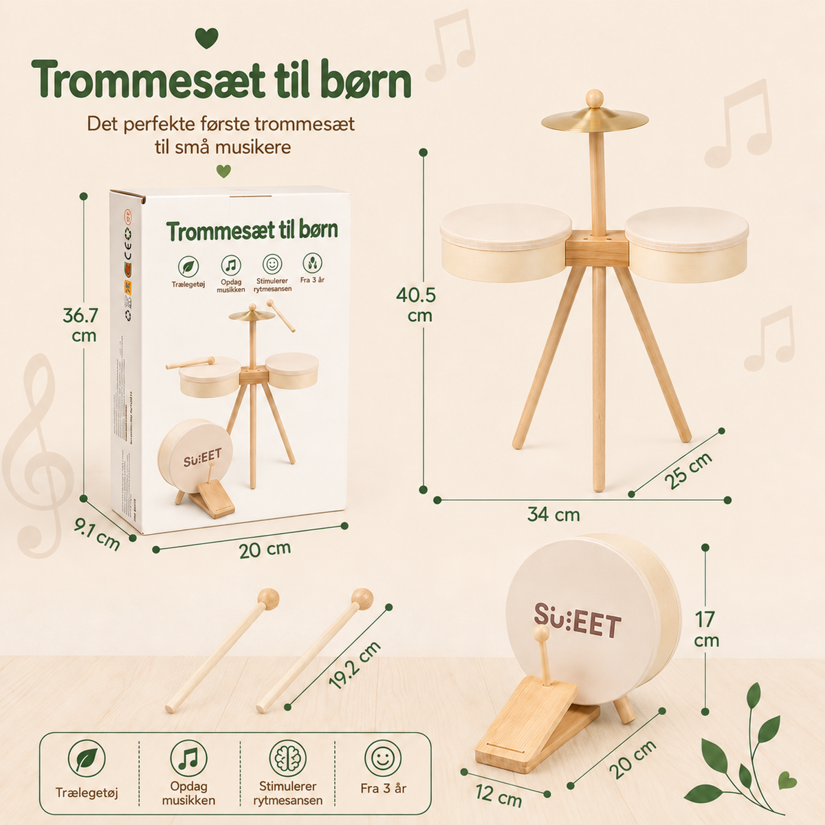 Trommesæt i træ – trommer og xylofon