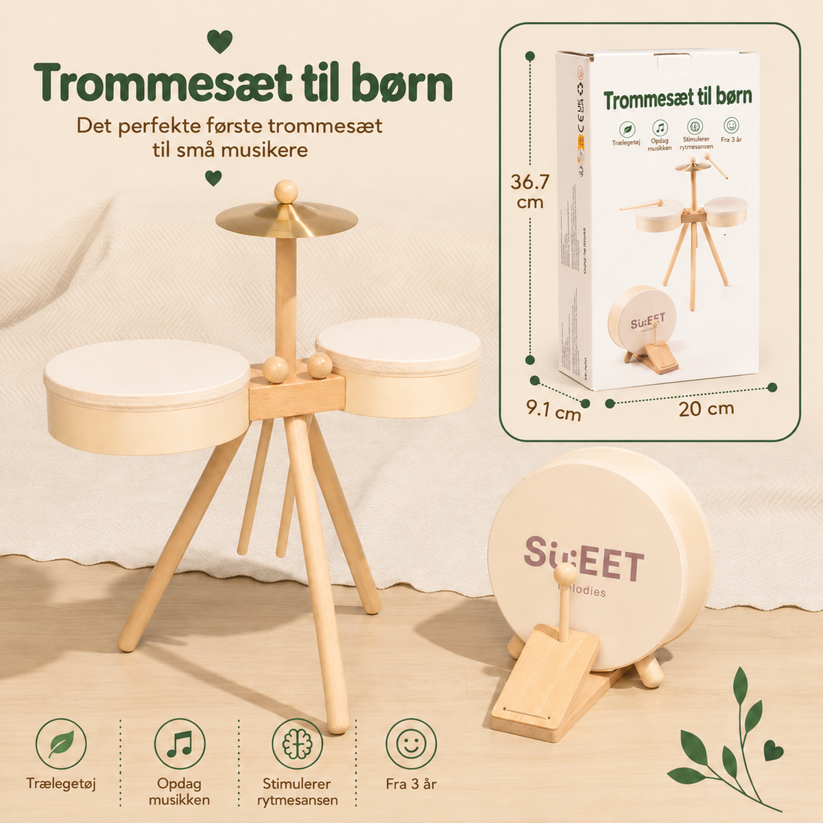 Trommesæt i træ – trommer og xylofon